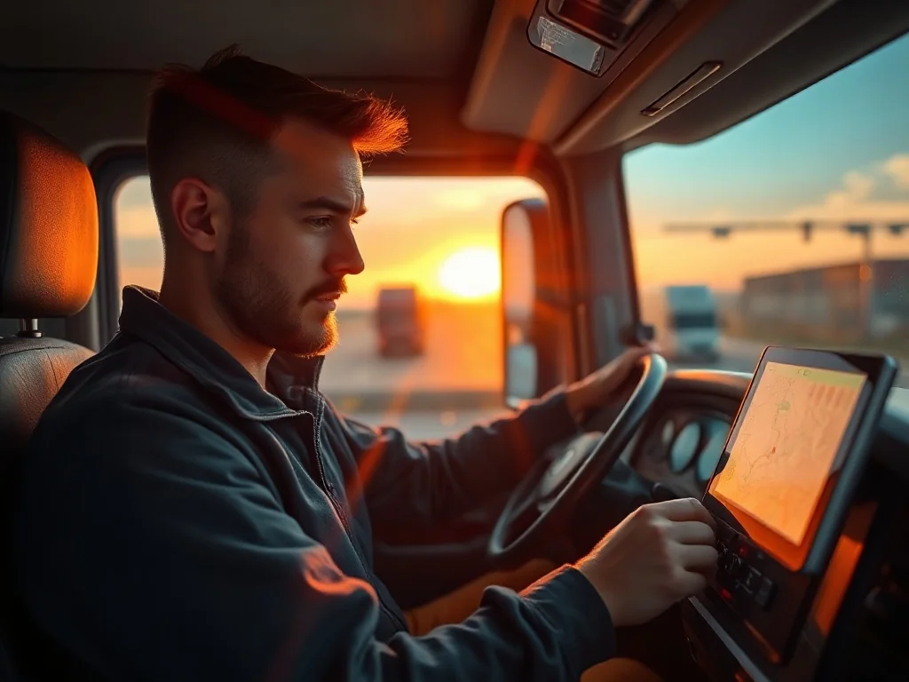 Kierowca ciężarówki korzystający z nowoczesnej nawigacji GPS w kabinie pojazdu podczas zachodu słońca.