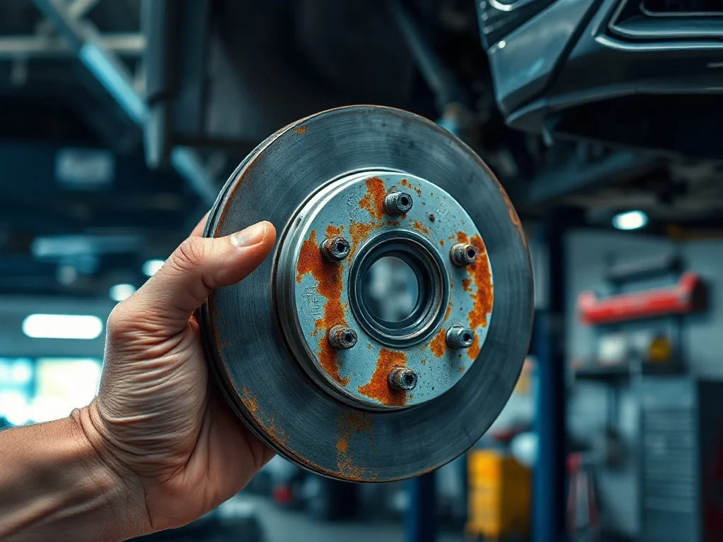 Zużyta, zardzewiała tarcza hamulcowa z widocznymi śladami przegrzania trzymana przez mechanika w warsztacie.