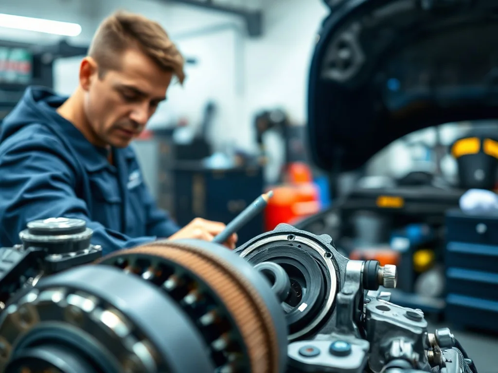 Mechanik naprawiający silnik Ford 1.0 EcoBoost z widocznym układem rozrządu w profesjonalnym warsztacie samochodowym.
