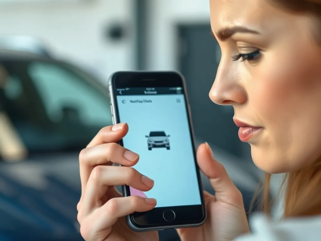 Kobieta sprawdza dane pojazdu w aplikacji na smartfonie, korzystając z nowoczesnego interfejsu w jasnym biurze.