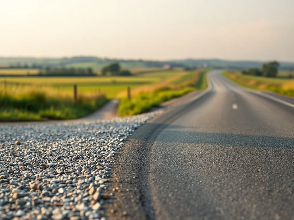 Widok na połączenie żwirowej drogi wewnętrznej z nowoczesną drogą asfaltową, obrazujący różnice w nawierzchni.