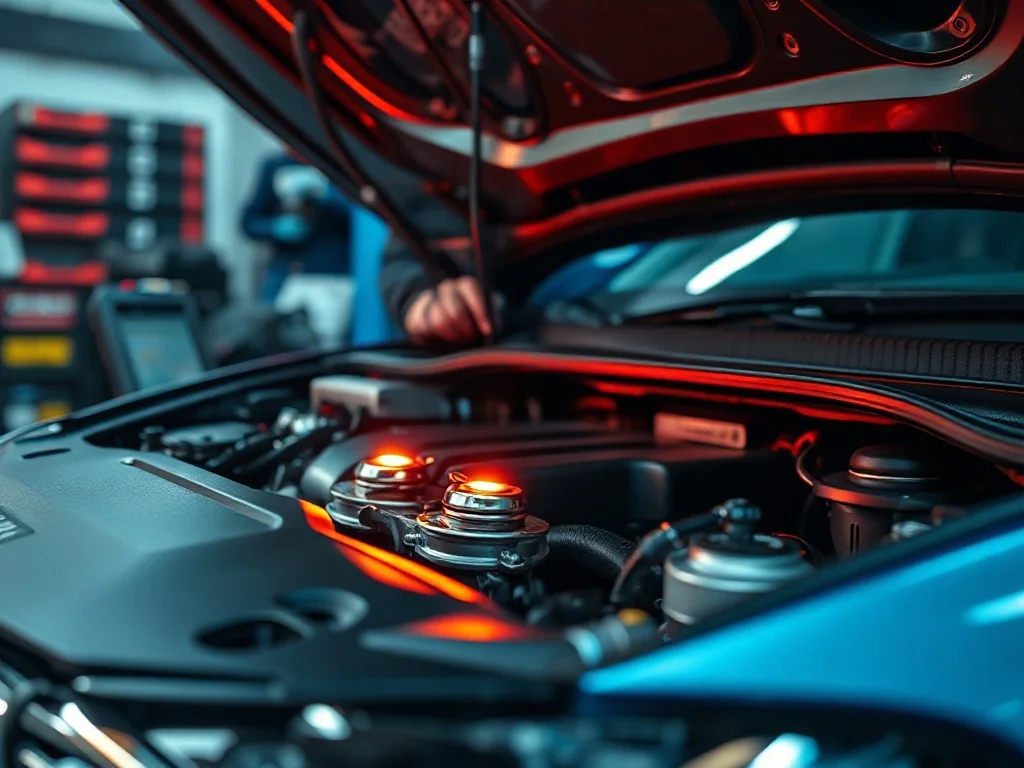 Mechanik używający testera diagnostycznego przy otwartej masce silnika 1.9 TDI, skupiając się na świecach żarowych.