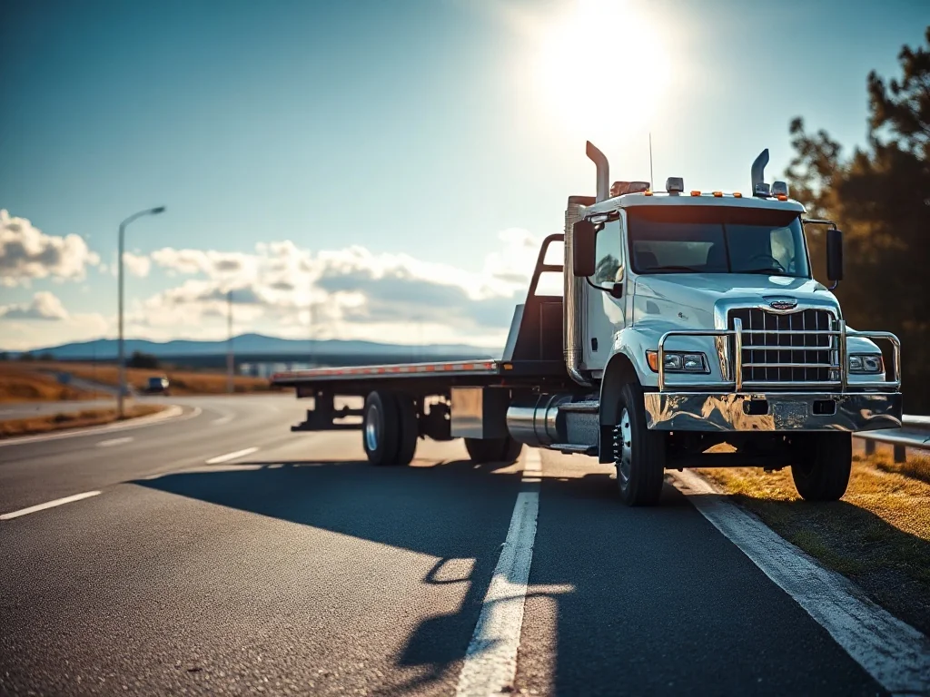 Profesjonalna laweta zaparkowana na poboczu autostrady, gotowa do świadczenia usług transportowych.
