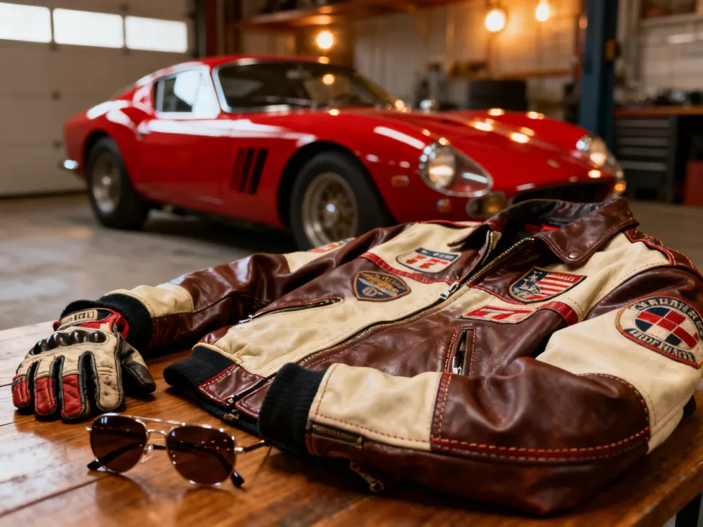 Skórzana kurtka z wyścigowymi naszywkami obok retro rękawiczek i okularów, w tle czerwone auto sportowe z lat 60., no text on the picture