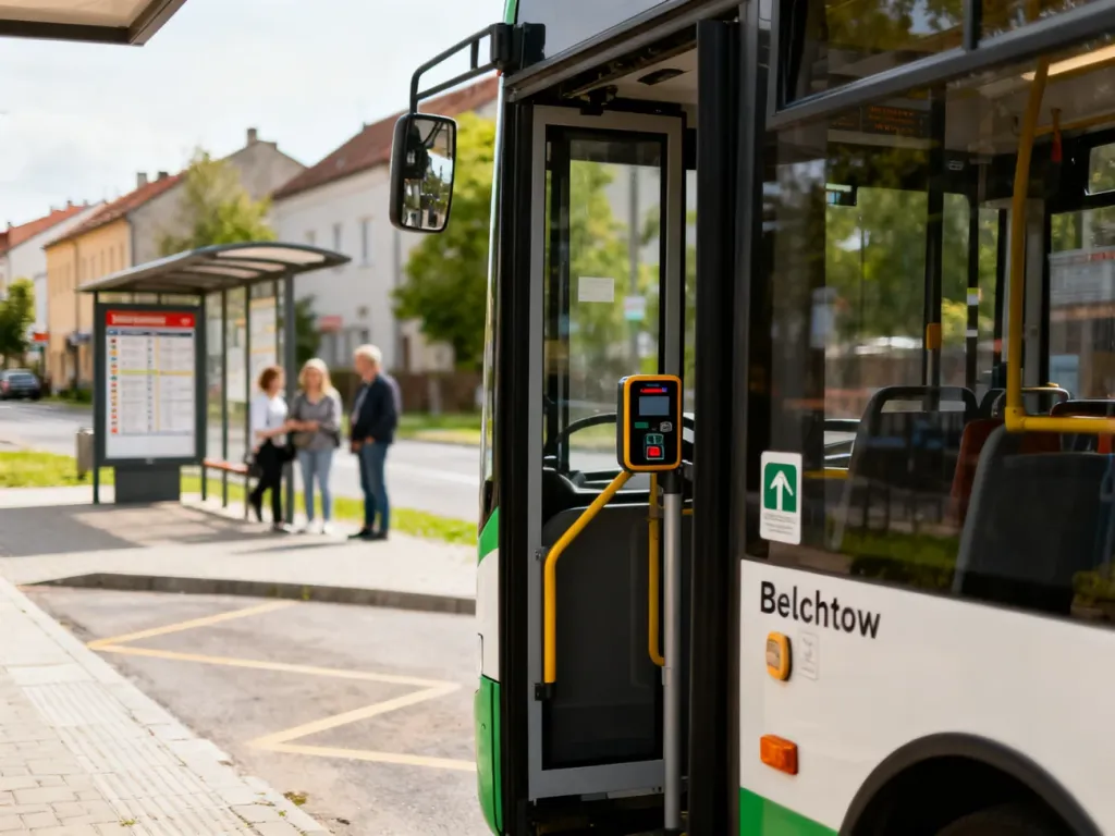 Nowoczesny autobus miejski na przystanku w Bełchatowie, widoczne drzwi i kasownik biletów, w tle ulica i pasażerowie. no text on the picture